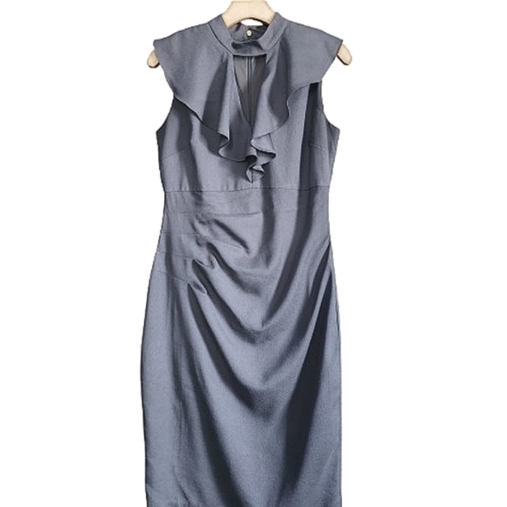 Womens 6 Thalia Sodi Gray Academia Ruffle Draped Minimalist Sleeveless Dress